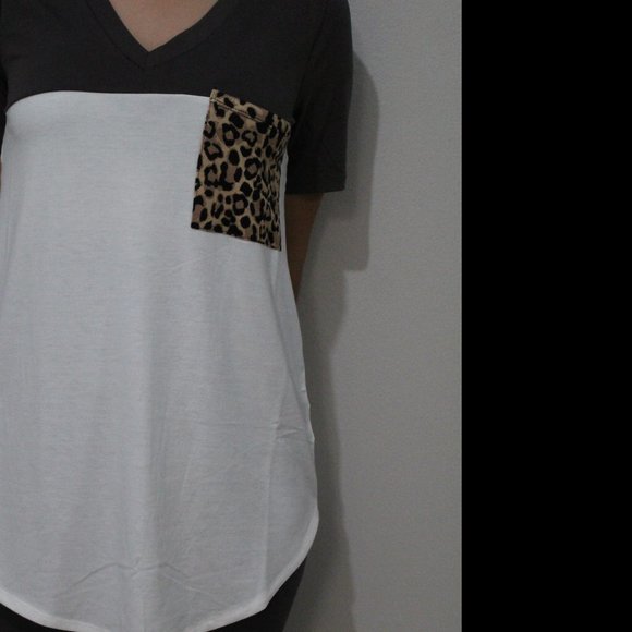 Leopard Pocket Colorblock V-Neck Tshirt - Picture 8 of 9